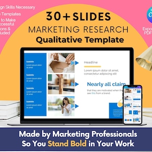 May include: A laptop and smartphone display a marketing research template with the text "30+ SLIDES MARKETING RESEARCH Qualitative Template." The image includes the text "Made by Marketing Professionals So You Stand Bold in Your Work."