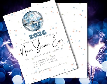 May include: A white invitation card with a disco ball graphic and the text "2026 Noon Years Eve." The invitation includes event details: December 31, 2025, at 10:30 AM, and the address. The design features blue and peach star accents.