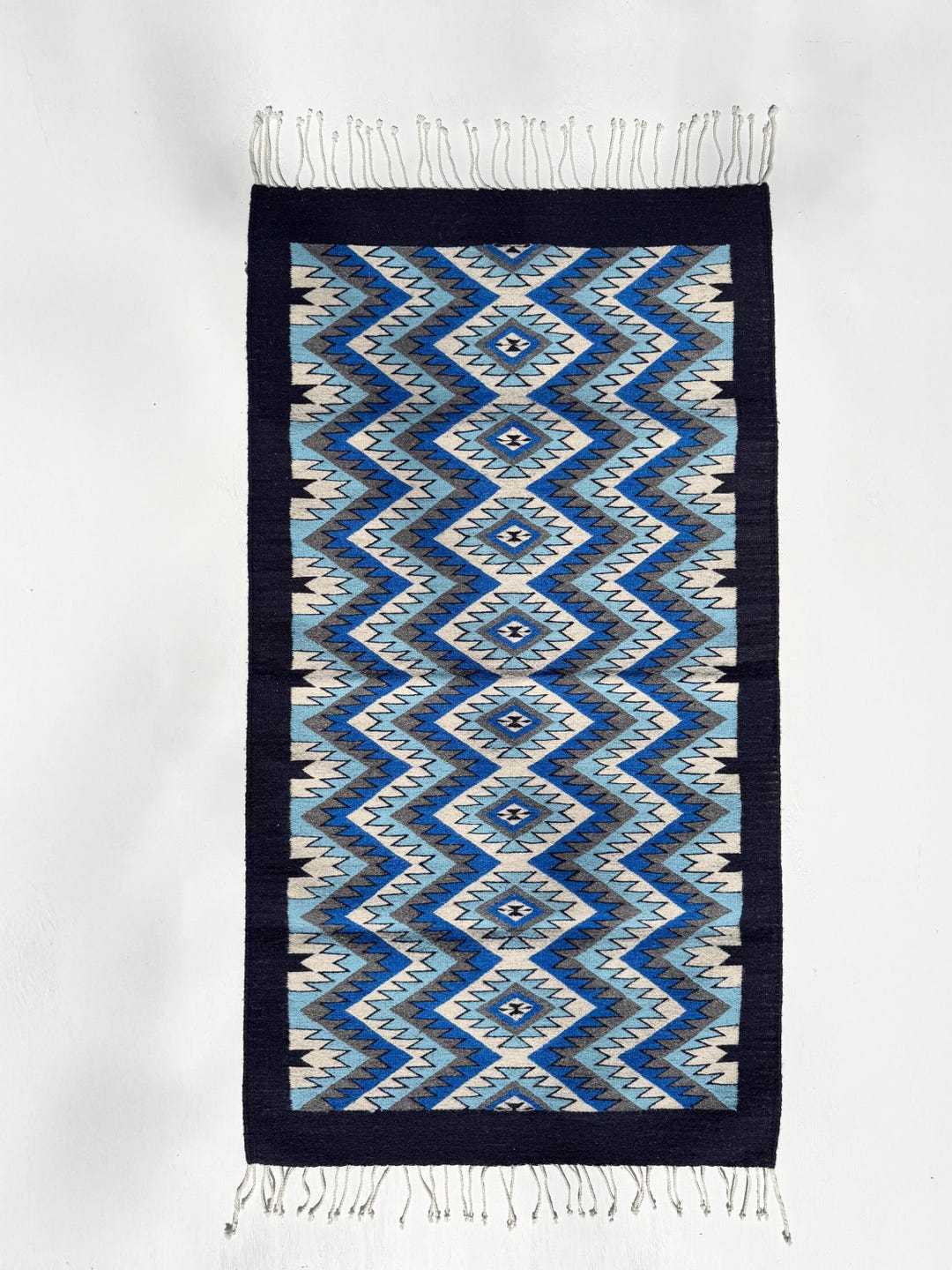 Diamante Azul Wool Rug – Oaxacan Handmade – Blue Zapotec Geometric ...