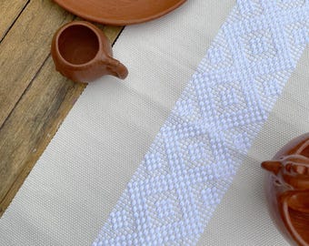 Handvävd bordslöpare i Oaxacan bomull | Naturbeige, Fransar | Rustik heminredning