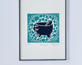 Molcajete Linoprint – Black and Aqua ink – Mexican Folk Art – Rustic Wall Decor