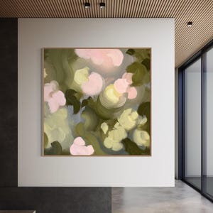 Oversized Abstract Floral Acrylic Painting: Olive Green & Blush Pink