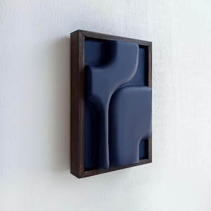 Minimalist 3D Wall Art: Dark Blue Geometric Clay Relief, Wood Frame