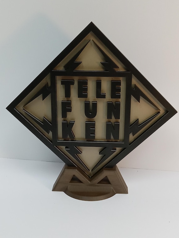 Stunning Telefunken Logo Display Sign With Wood Base Gold & Black