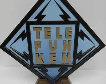 Stunning Telefunken Logo Display Sign With Wood Base Gold & Black  on 'Glass' Blue