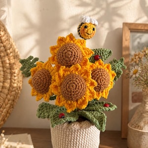 Crochet Sunflower Pot, Handmade Crochet Sunflower, Forever Flower, Crochet Plant, Cute Bee Sunflower, Handmade Home Decor, Gift for Her