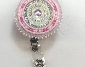 Handmade Pink Round Id badge  reel, beaded id holder, medical badge reel, retractable id holder and medical id
