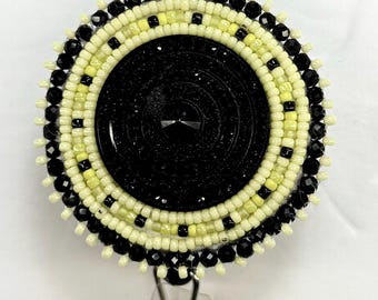 Handmade Beaded Badge Reel, Yellow & Black Belt Clip ID Holder