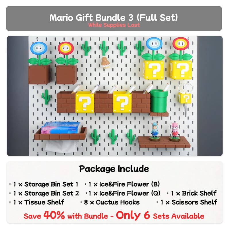 Puede incluir: Un Mario Gift Bundle 3 (Full Set) con varios contenedores de almacenamiento, estantes y ganchos tem&aacute;ticos. El conjunto incluye bloques de interrogaci&oacute;n, decoraciones de flores y ganchos de cactus. El texto "Mario Gift Bundle 3 (Full Set)" es visible en la parte superior.
