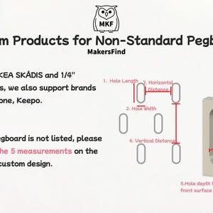 Puede incluir: Un gr&aacute;fico informativo para productos de tablero perforado personalizados con un logo de b&uacute;ho y el texto Custom Products for Non-Standard Pegboards. Incluye un diagrama que muestra cinco medidas espec&iacute;ficas: longitud, anchura, distancia horizontal, distancia vertical y profundidad del agujero.