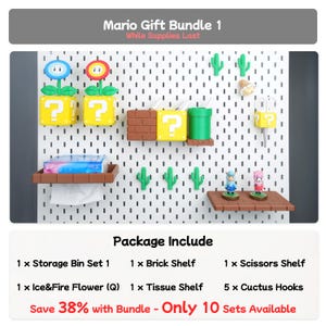 Puede incluir: Un conjunto Mario Gift Bundle 1 con varios accesorios tem&aacute;ticos, que incluyen contenedores de almacenamiento, estantes, ganchos de cactus y art&iacute;culos Ice & Fire Flower (Q). El conjunto incluye un estante para pa&ntilde;uelos.