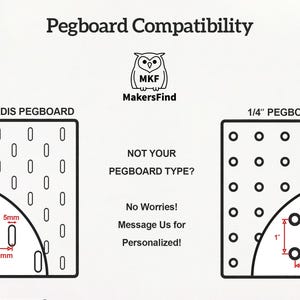 Puede incluir: Diagrama que compara el tablero perforado IKEA SKADIS y el tablero perforado de 1/4", con medidas en mil&iacute;metros y pulgadas. La imagen incluye el texto "Pegboard Compatibility", el logotipo de MakersFind y el texto "Not Your Pegboard Type? No Worries! Message Us for Personalized!"