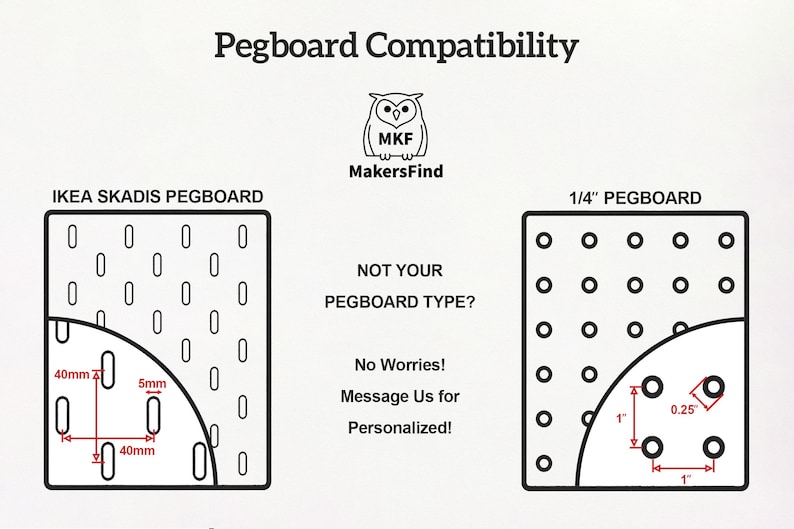 Puede incluir: Diagrama que compara el tablero perforado IKEA SKADIS y el tablero perforado de 1/4", con medidas en mil&iacute;metros y pulgadas. La imagen incluye el texto "Pegboard Compatibility", el logotipo de MakersFind y el texto "Not Your Pegboard Type? No Worries! Message Us for Personalized!"