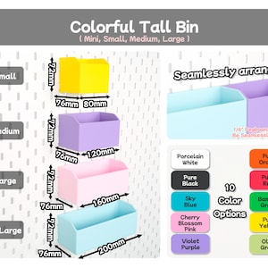 May include: Colorful tall bins in mini, small, medium, and large sizes. Dimensions are labelled in millimetres, ranging from 76mm to 200mm in width and 72mm in height. Ten colour options are displayed, including white, black, blue, pink, purple, orange, red, green, yellow, and olive. Text includes 'Colorful Tall Bin' and 'Seamlessly arranged'.