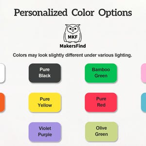 May include: Image displaying a selection of personalized color options. The image features a logo with an owl and the text "MakersFind". Color swatches include Porcelain White, Pure Black, Bamboo Green, Cherry Blossom Pink, Pure Orange, Pure Yellow, Pure Red, Sky Blue, Violet Purple, and Olive Green.