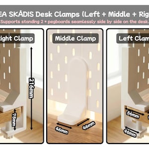 May include: White IKEA SK&Aring;DIS desk clamps, including left, middle, and right clamps. The right clamp is 216mm tall and 75mm wide. The middle clamp is 46mm wide. The left clamp is 56mm wide. The clamps support standing pegboards seamlessly.