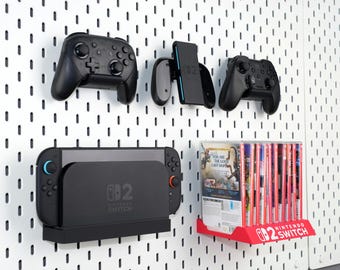 Nintendo Switch 2 Pegboard Organizer for IKEA SKADIS or 1/4'' Pegboard | Dock Shelf, Game Case Holder, JoyCon & Pro Controller Stand