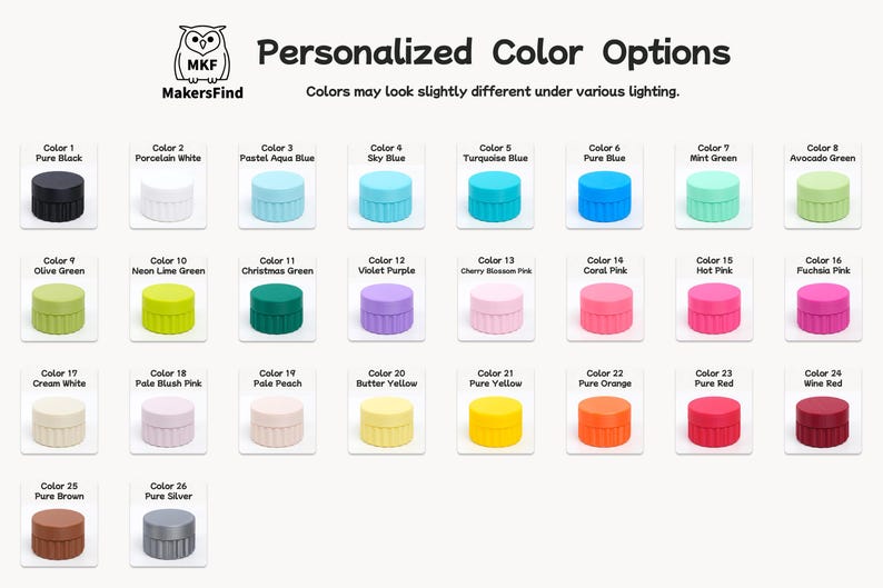 Puede incluir: Una carta de colores titulada Personalized Color Options de MakersFind que muestra veintis&eacute;is peque&ntilde;os recipientes cil&iacute;ndricos con lados acanalados. Cada art&iacute;culo est&aacute; etiquetado con un n&uacute;mero y un nombre de color, desde negro y blanco hasta varios tonos brillantes y pastel.