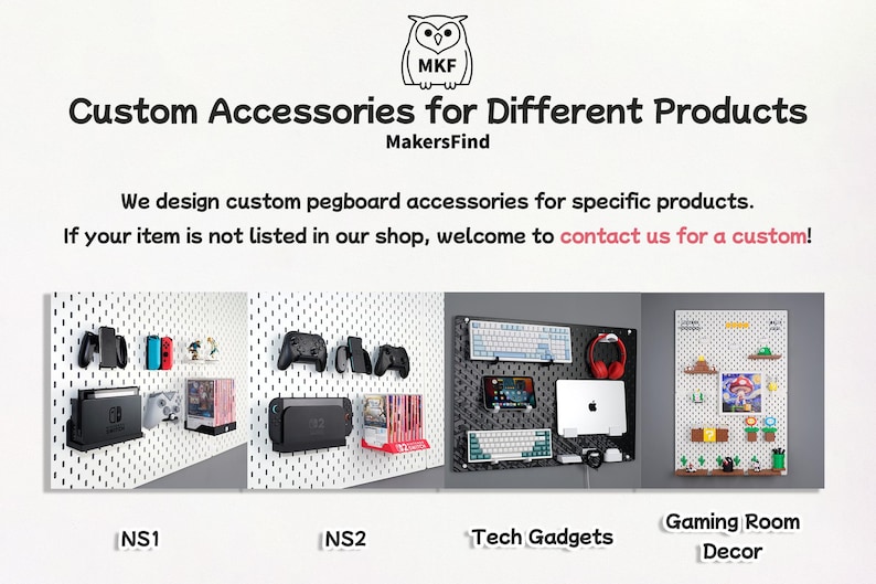 Puede incluir: Un gr&aacute;fico blanco con un logotipo de b&uacute;ho y el texto MakersFind Custom Accessories for Different Products. Muestra cuatro configuraciones de tableros perforados con consolas de juegos, mandos, teclados, port&aacute;tiles y decoraci&oacute;n etiquetados como NS1, NS2, Tech Gadgets y Gaming Room Decor.