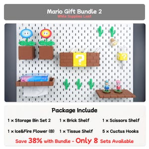 Puede incluir: Un paquete de regalo tem&aacute;tico de Mario con una tabla perforada blanca con varios accesorios. Incluye estantes de ladrillo, ganchos de cactus y almacenamiento en forma de flor. El paquete tambi&eacute;n incluye un estante para pa&ntilde;uelos y peque&ntilde;as figuras de personajes.