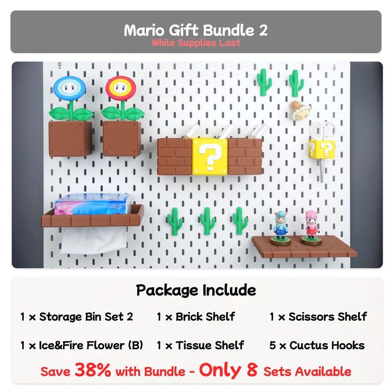 Puede incluir: Un paquete de regalo tem&aacute;tico de Mario con una tabla perforada blanca con varios accesorios. Incluye estantes de ladrillo, ganchos de cactus y almacenamiento en forma de flor. El paquete tambi&eacute;n incluye un estante para pa&ntilde;uelos y peque&ntilde;as figuras de personajes.