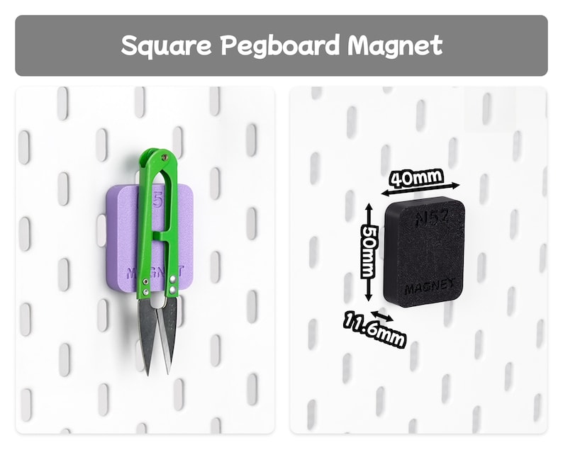 以下が含まれることがあります： 上部に「Square Pegboard Magnet」と書かれた正方形のペグボード用マグネット。紫色のマグネットは緑色の糸切りばさみを保持しており、黒色のマグネットには「N52 Magnet」と記され、矢印で40mm x 50mm x 11.6mmの寸法が示されています。