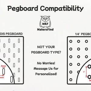 Puede incluir: Una infograf&iacute;a en blanco y negro titulada Pegboard Compatibility que muestra un tablero perforado IKEA Skadis con ranuras de 40mm por 5mm y un tablero de 1/4 de pulgada con agujeros de 0,25 pulgadas y una separaci&oacute;n de 1 pulgada. Incluye el logo MakersFind.