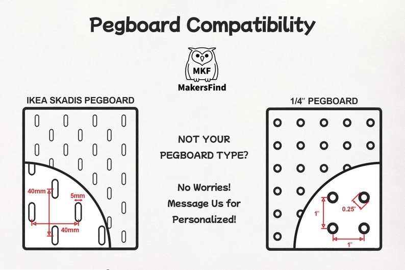 Puede incluir: Una infograf&iacute;a en blanco y negro titulada Pegboard Compatibility que muestra un tablero perforado IKEA Skadis con ranuras de 40mm por 5mm y un tablero de 1/4 de pulgada con agujeros de 0,25 pulgadas y una separaci&oacute;n de 1 pulgada. Incluye el logo MakersFind.