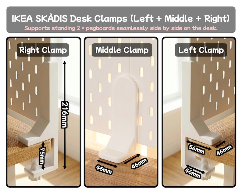 Tillbehör för skrivbordsmontering, tangentbordsfäste, surfplatteställ, mushållare, prylorganisatör, kompatibel med SKADIS och 1/4'' hylsplatta Desk Clamps (L+M+R)