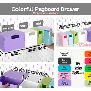 May include: Colorful pegboard drawers in mini, small, and medium sizes. The medium drawer measures 120mm by 80mm by 79mm, small is 80mm, and mini is 40mm. Features include a built-in drawer stop and ten colour options: white, black, blue, pink, purple, orange, red, green, yellow, and olive.