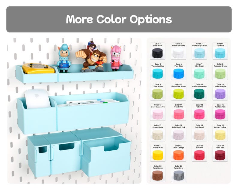 May include: A light blue pegboard storage system featuring a shelf with figurines, a rectangular bin holding a computer mouse and pens, and three drawers. A colour chart displays twenty-eight circular swatches labelled with names like Pure Black and Silver.
