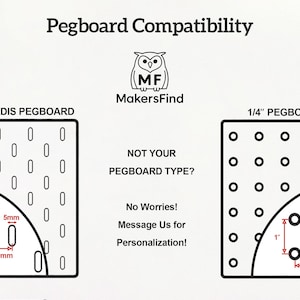 May include: Diagram comparing IKEA SKADIS pegboard with a 1/4" pegboard, showing hole spacing and dimensions. The text reads "Pegboard Compatibility" and "MakersFind". The IKEA board has 40mm spacing, and the 1/4" board has 2.54cm spacing.