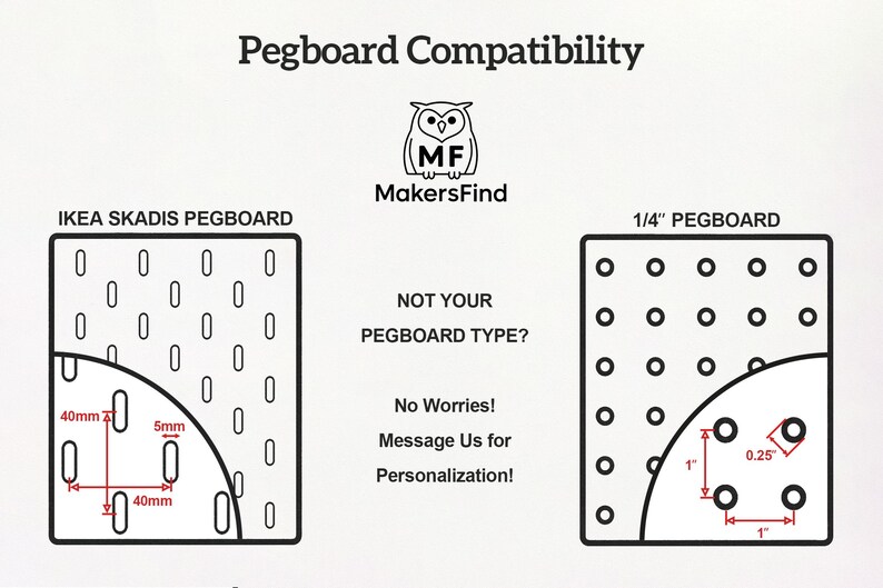 May include: Diagram comparing IKEA SKADIS pegboard with a 1/4" pegboard, showing hole spacing and dimensions. The text reads "Pegboard Compatibility" and "MakersFind". The IKEA board has 40mm spacing, and the 1/4" board has 2.54cm spacing.