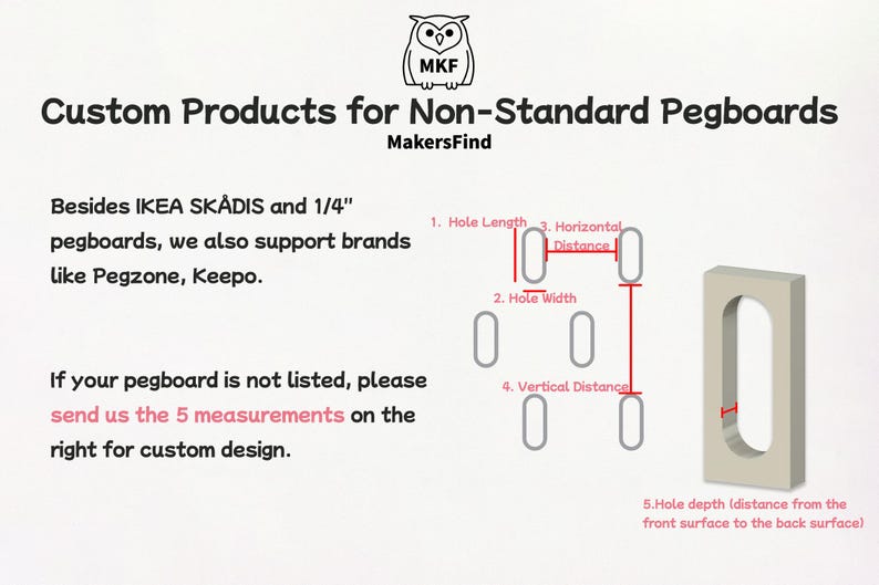以下が含まれることがあります： フクロウのロゴと「Custom Products for Non-Standard Pegboards」というテキストが記載された、カスタムペグボード製品の案内図。穴の長さ、幅、水平距離、垂直距離、穴の深さという5つの測定箇所を示す図解が含まれています。