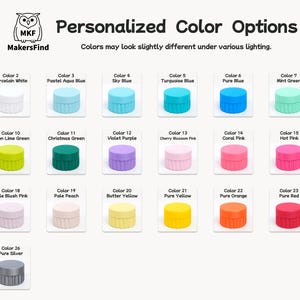 May include: A colour chart titled Personalized Color Options by MakersFind featuring twenty-six small cylindrical containers with ribbed sides. Each item is labelled with a number and colour name, ranging from black and white to various bright and pastel hues.