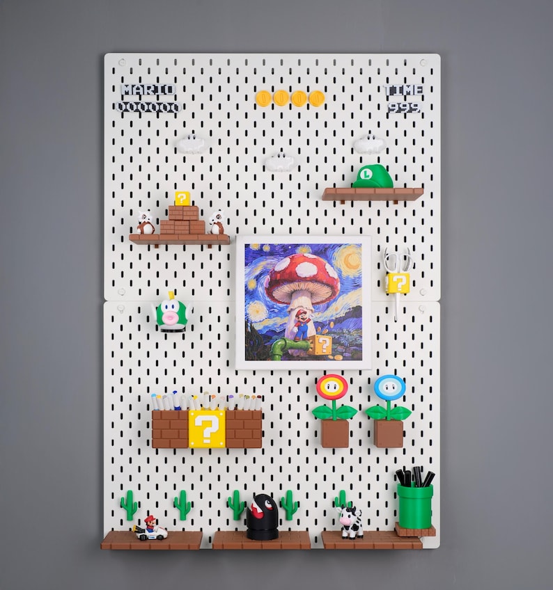 May include: A white pegboard decorated with Super Mario-themed items. Features a framed print of Mario in a Van Gogh-style painting, character figures, and the text "MARIO" and "TIME OFF".