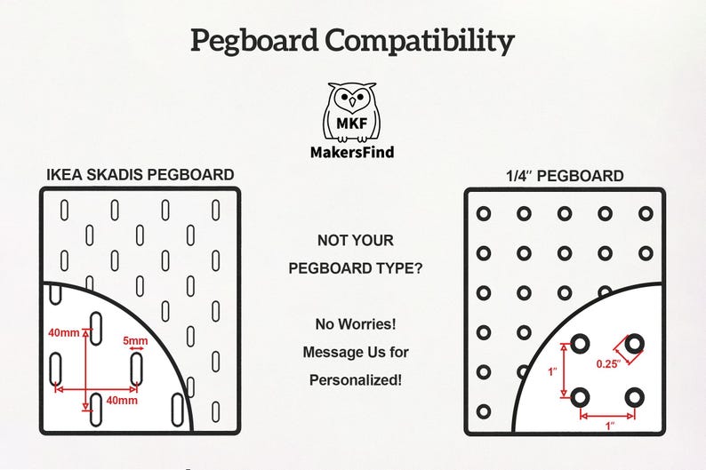 May include: A black and white diagram titled Pegboard Compatibility featuring an owl logo for MakersFind. It compares an IKEA SKADIS pegboard with 40mm by 5mm slot spacing to a 1/4 inch pegboard with 1 inch hole spacing. Text includes Not your pegboard type? No Worries! Message Us for Personalized!