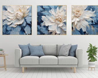 Blue Floral Art Prints Set – Textured Botanical Painting (Digital Download)