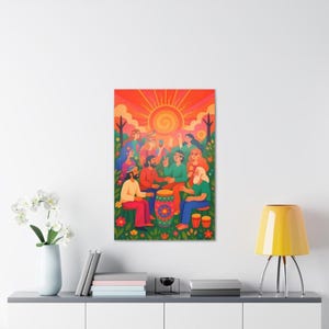 May include: A colorful illustration of a group of people playing music together in a field. The illustration is set against a sunset background with a sun in the sky. The people are wearing bright colors and are smiling. There are trees and flowers in the background.