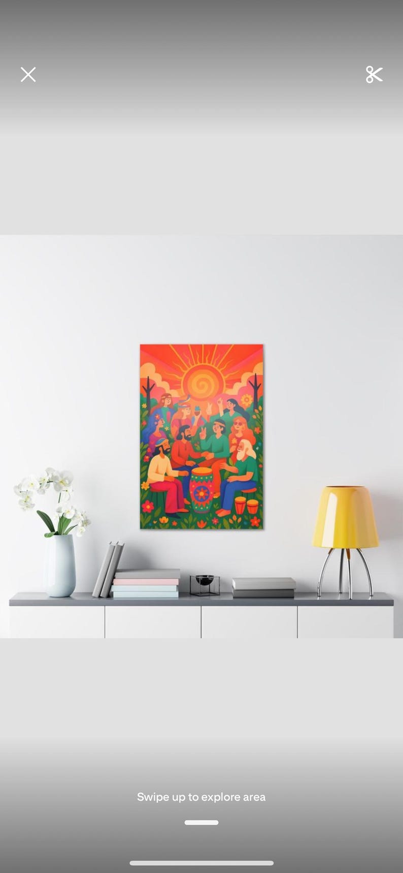 May include: A colorful illustration of a group of people playing music together in a field. The illustration is set against a sunset background with a sun in the sky. The people are wearing bright colors and are smiling. There are trees and flowers in the background.