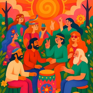 May include: A group of people in colorful clothing gather around a large, decorated drum. They are sitting on the ground in a grassy area with flowers. The sun is shining brightly in the background.