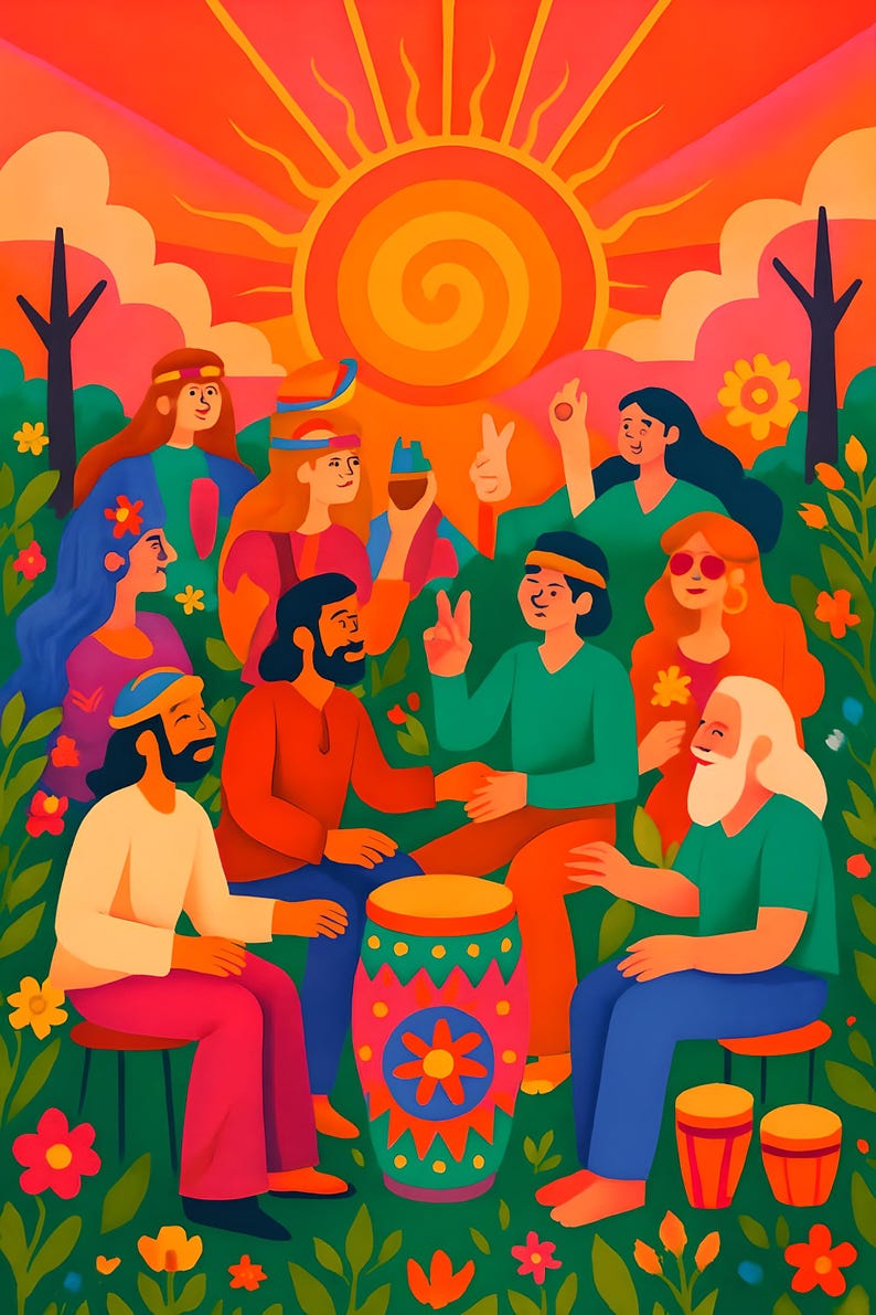 May include: A group of people in colorful clothing gather around a large, decorated drum. They are sitting on the ground in a grassy area with flowers. The sun is shining brightly in the background.