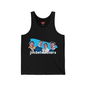 May include: Black tank top featuring a cartoon illustration of four people with glasses and the text "the jimbetweeners" in white. The illustration has a blue and yellow background.