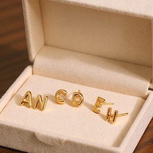 Puede incluir: Pendientes dorados con letras que deletrean "AN CO EH" expuestos en una caja de joyería abierta de color blanquecino. La caja está sobre una superficie de madera oscura, con frascos de perfume en el fondo.