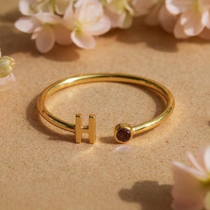 Birthstone Initial Ring, Birthstone Letter Ring Gift, Customized Birthstone Ring, Birthstone Wedding Ring, Personalized Name Initial Ring