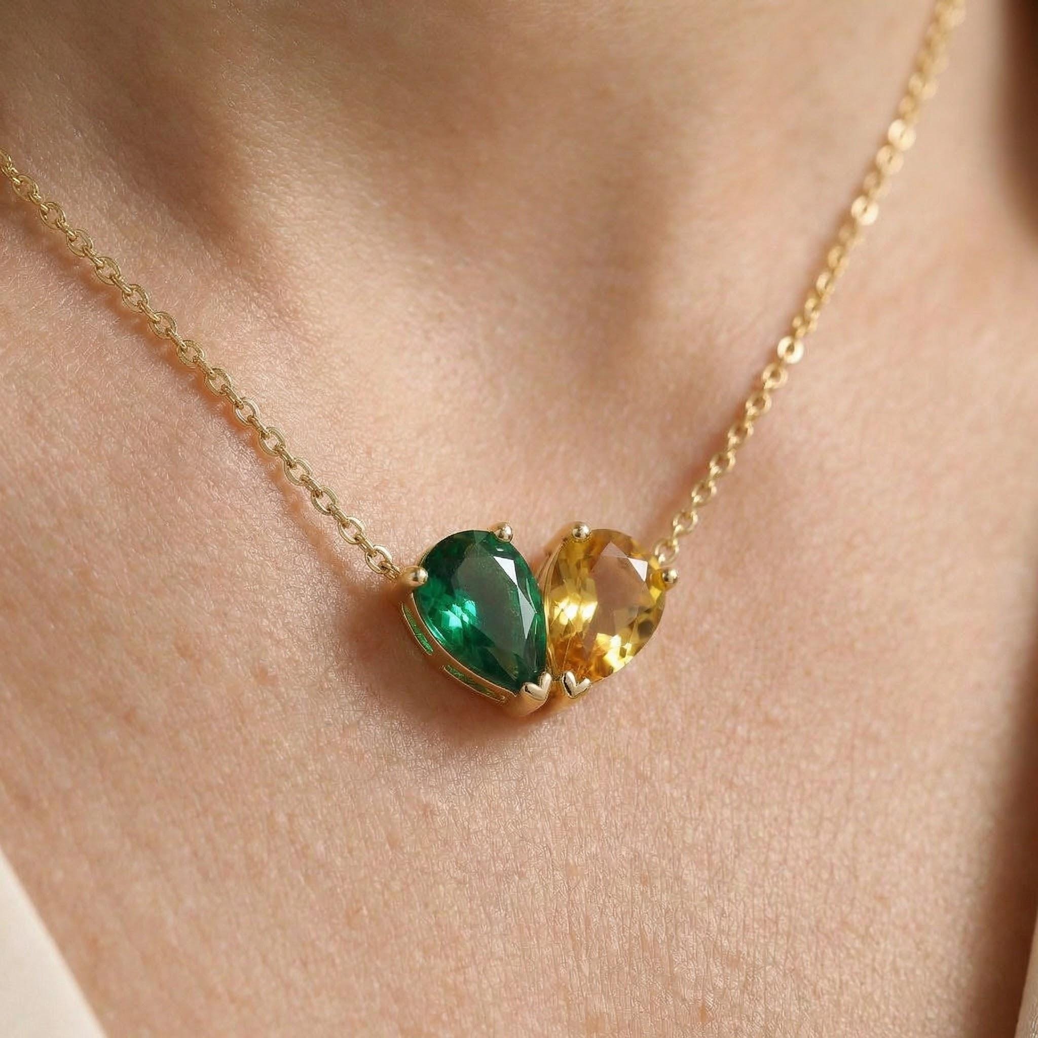 Two Birthstone Heart Necklace, Couple Birthstone Necklace, Birthstone Heart Necklace, Custom Birthstone Necklace, Family Birthstone Necklace