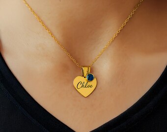 Name Birthstone Necklace, Customized Name Necklace, Name Heart Necklace, Customized Name Pendant, Heart Birthstone Pendant Gift For Mother