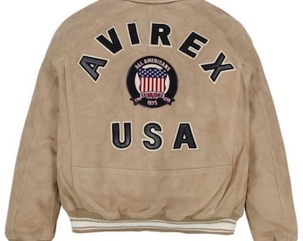 Beige Avirex Suede Bomber Jacket with USA Patch