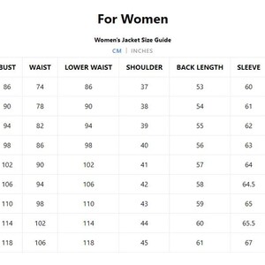 Puede incluir: Una gu&iacute;a de tallas de chaquetas para mujer, que muestra las medidas en cent&iacute;metros y pulgadas. La tabla incluye medidas de busto, cintura, cintura baja, hombro, largo de espalda, manga y b&iacute;ceps para tallas 2XS a 4XL.