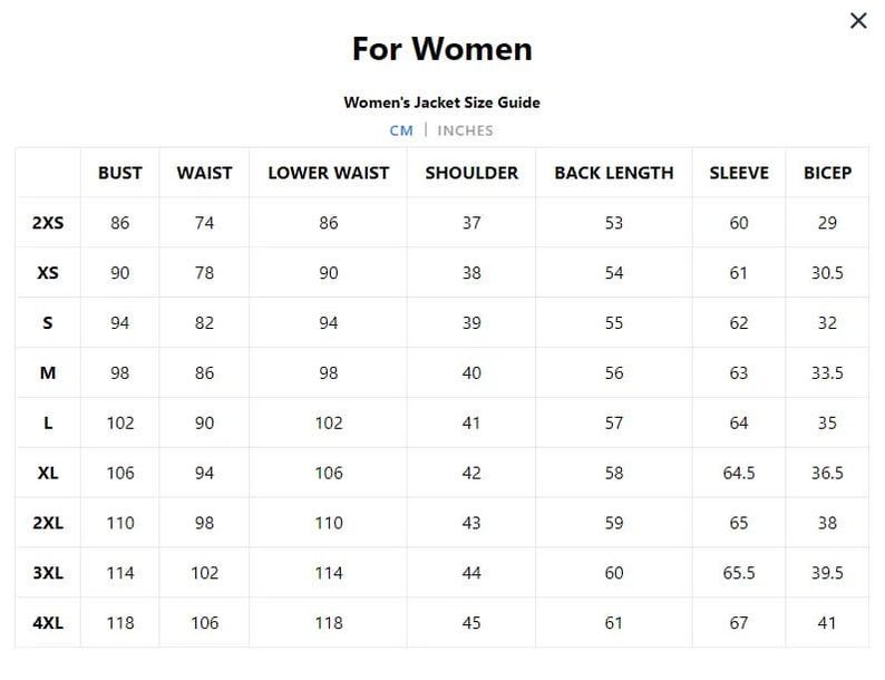 Puede incluir: Una gu&iacute;a de tallas de chaquetas para mujer, que muestra las medidas en cent&iacute;metros y pulgadas. La tabla incluye medidas de busto, cintura, cintura baja, hombro, largo de espalda, manga y b&iacute;ceps para tallas 2XS a 4XL.